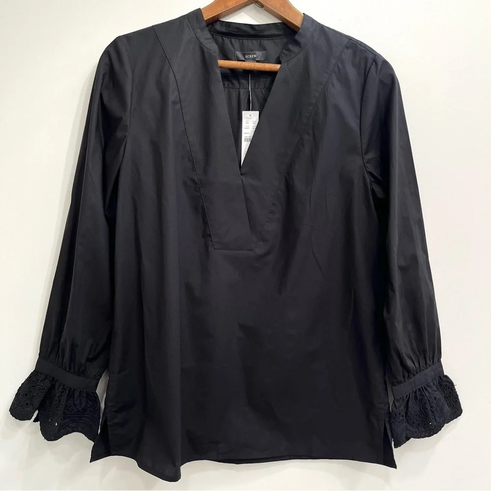 NWT J.Crew Womens Size Small Black Eyelet-Embroidered V-Neck Blouse Top Cotton